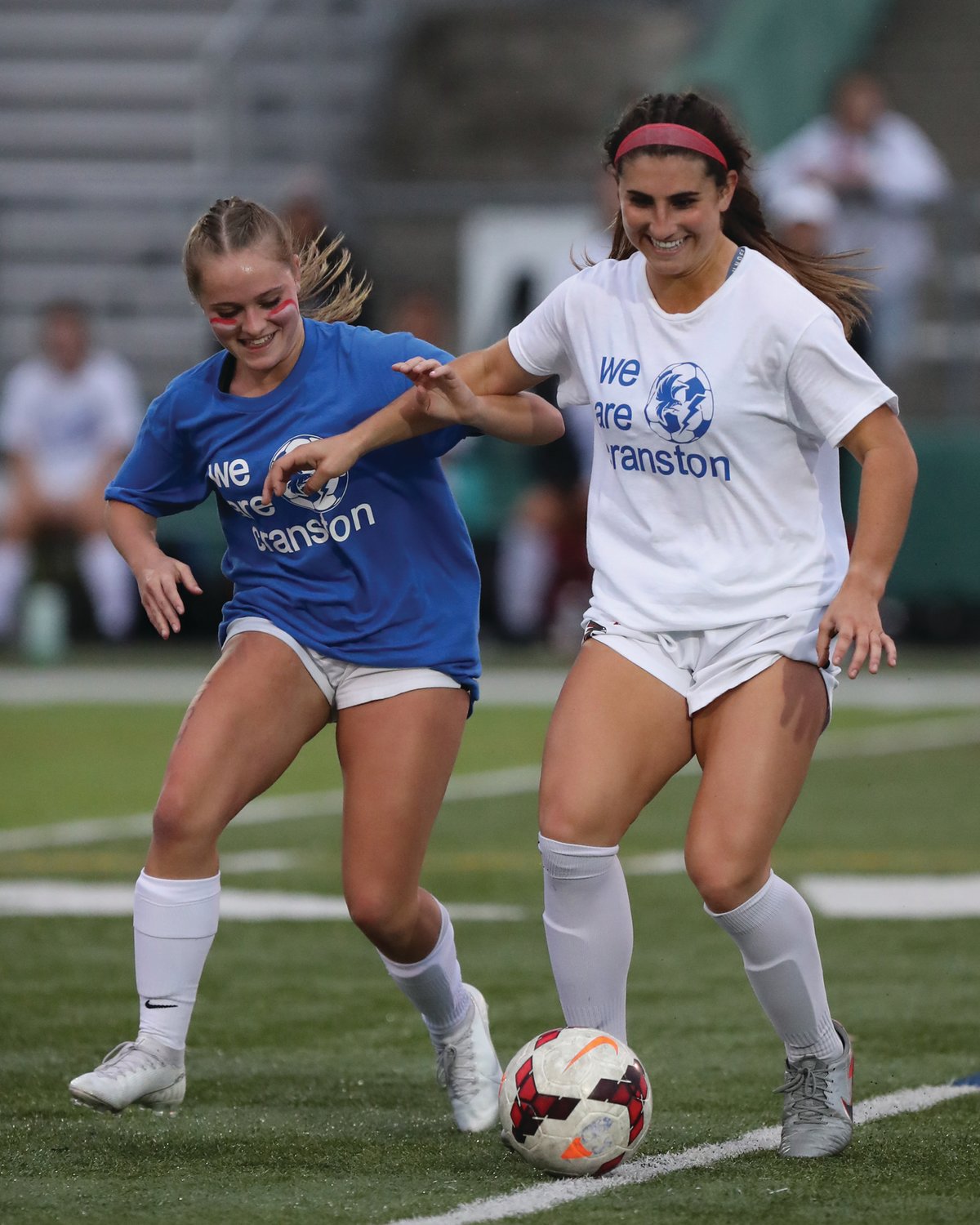 BATTLING: Cranston
East’s Savanna Lavimodiere
(left) and West’s
Maddie Alves (right) battle for the ball during the City Cup last week.